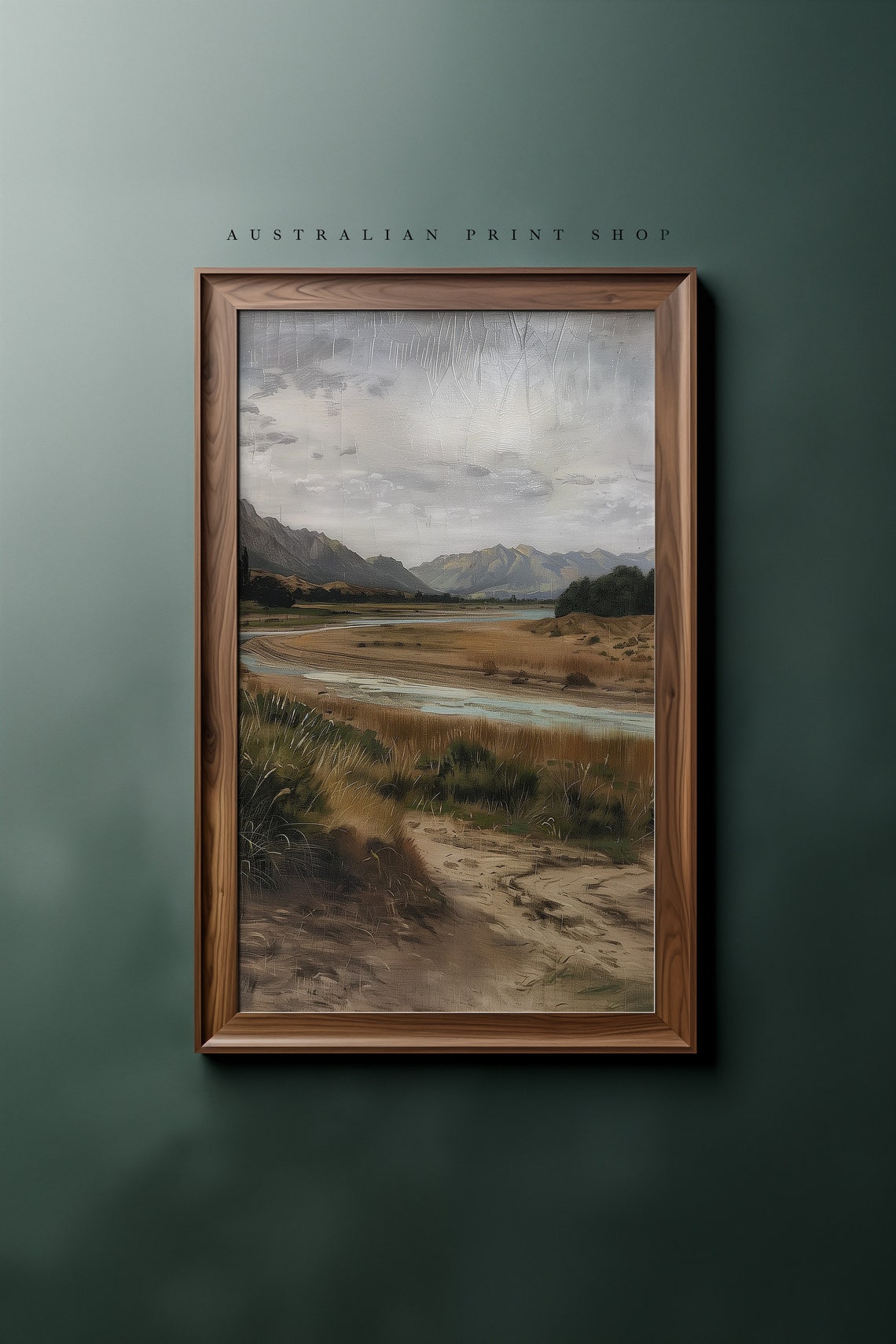 Vintage Rustic Countryside Painting Muted Landscape Print Moody Living Room Decor Neutral Farmhouse Wall Art