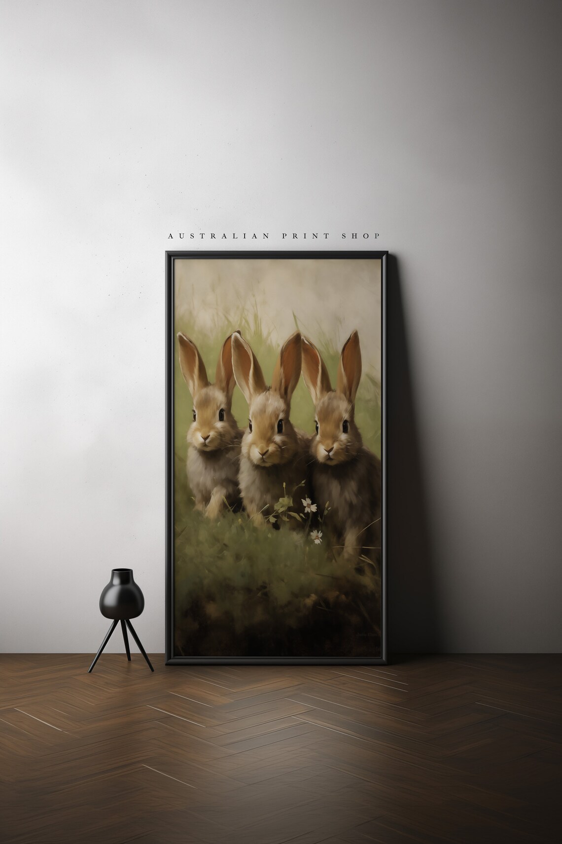 Three Cute Bunny Rabbits Huddled In Grass Vintage Oil Painting Poster - Image 4
