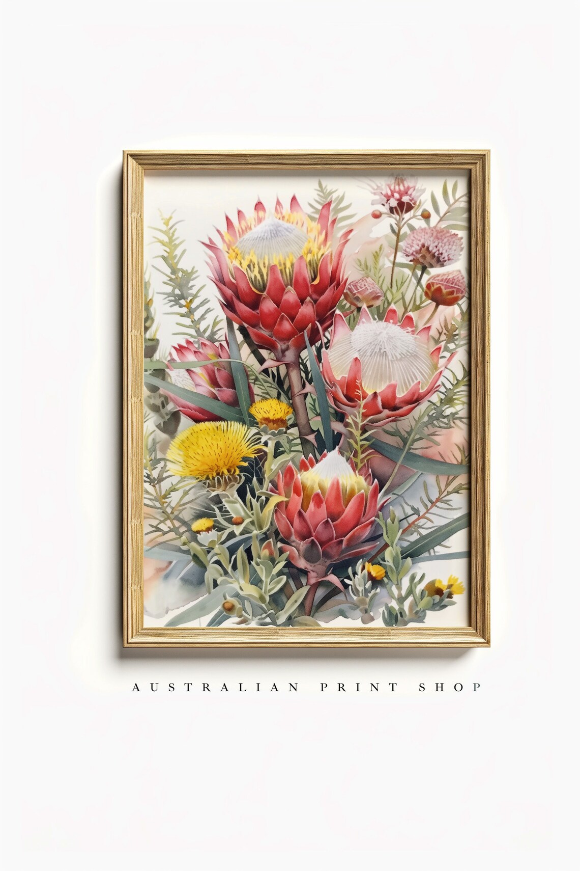 Australian Native Floral Art Print, Waratah Banksia Wattle