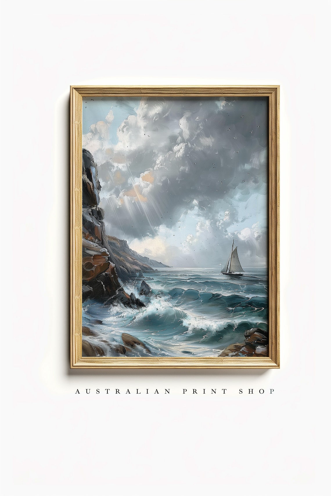 Vintage Ocean Oil Painting Muted Nautical Seascape Print Neutral Sailboat Ocean Art - Image 6