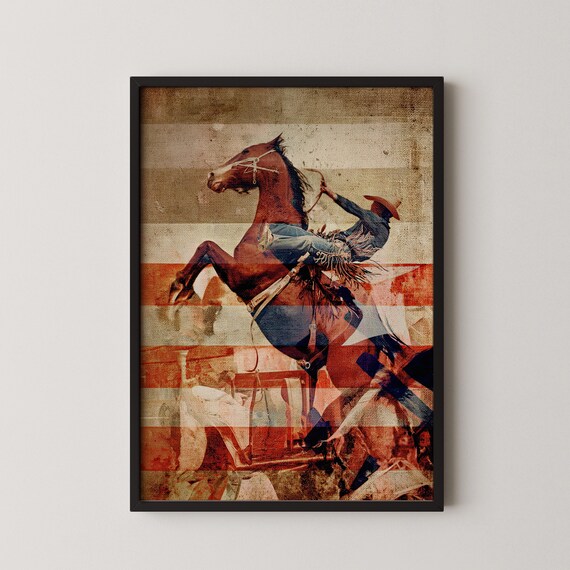 Cowboy Riding Bucking Horse American Flag Distressed Western Art Poster