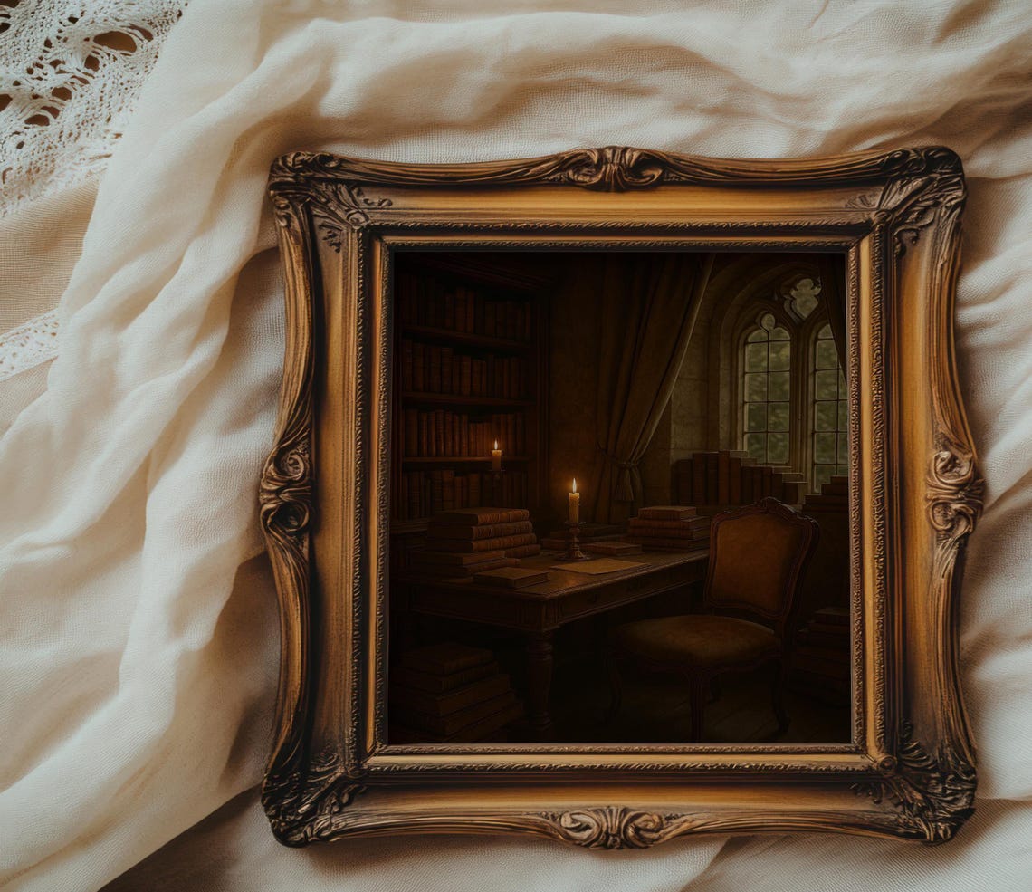 Candlelit Library Study Nook Vintage Books Dark Academia Poster