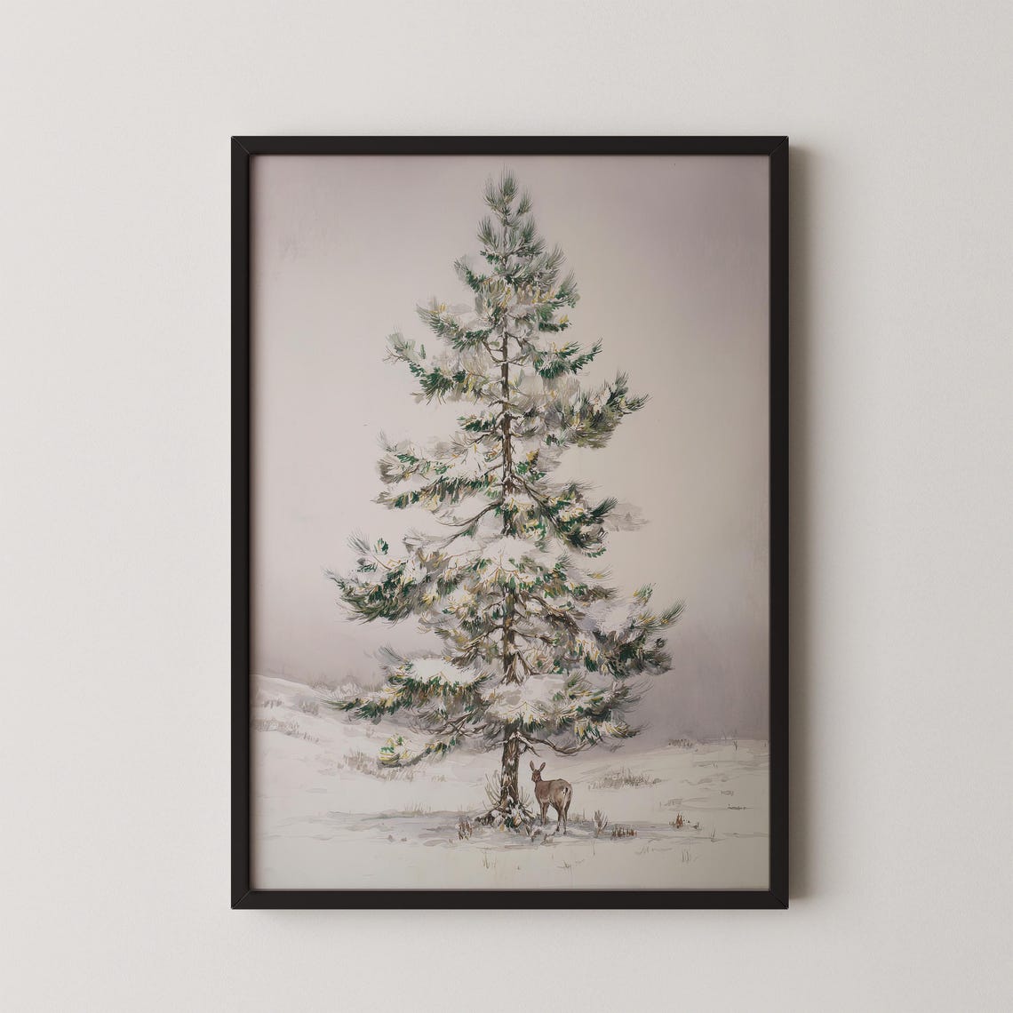 Towering Snow-Covered Pine With a Tiny Deer Watercolor Poster