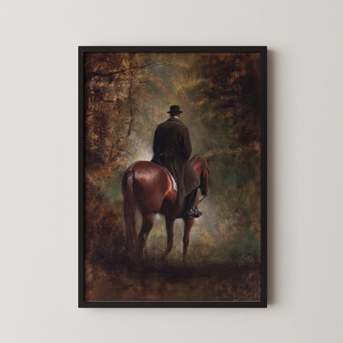 Gentleman Rider On Horseback In Misty Autumn Woods Vintage Poster