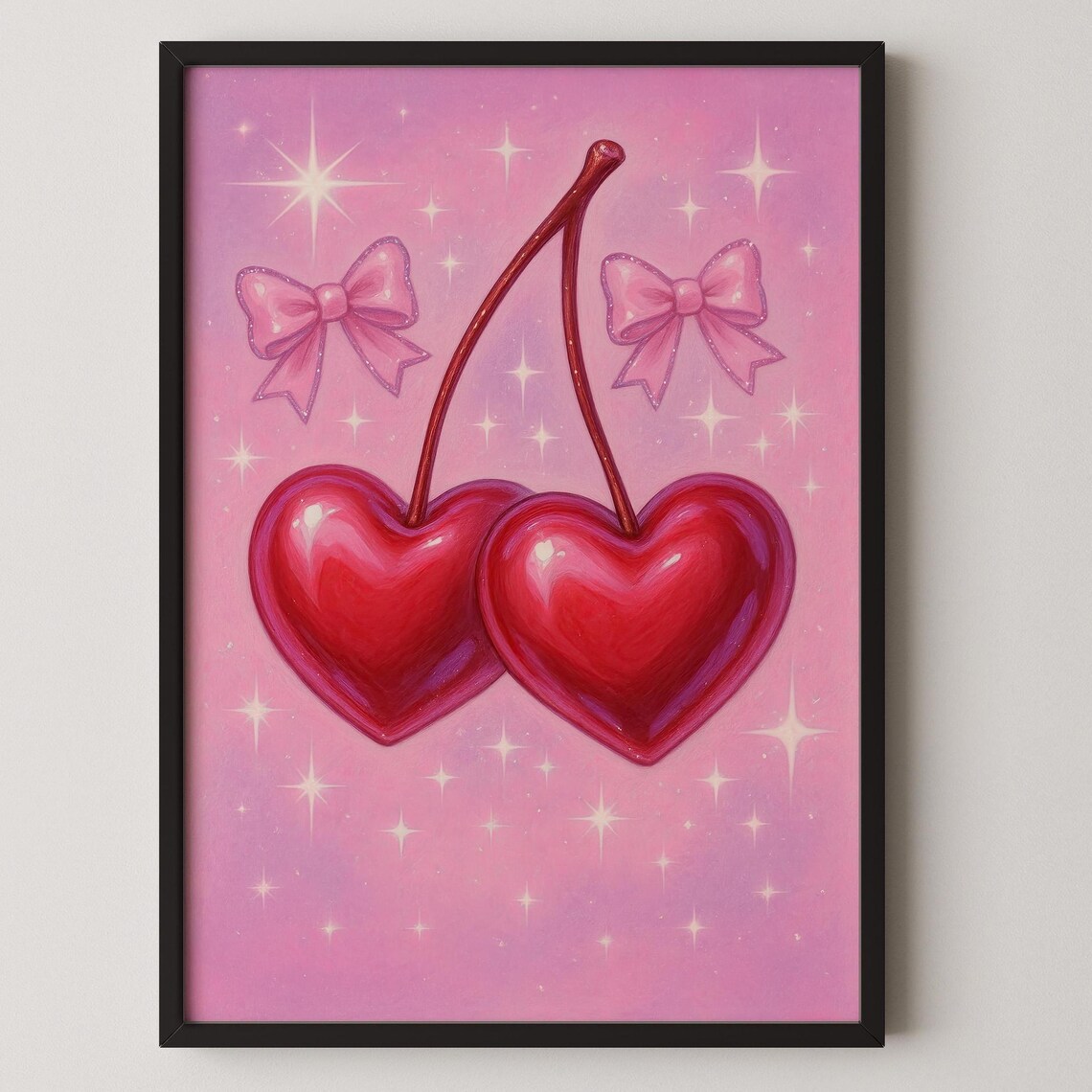 Cute Kawaii Heart Cherries with Pink Bows Y2K Bedroom Art Poster