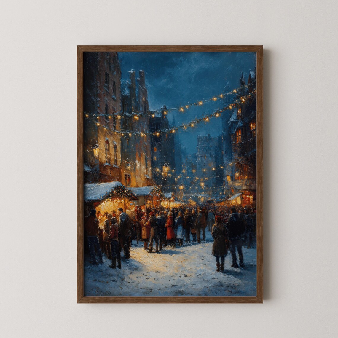 Snowy Christmas Market Night Street Scene Festive Oil Painting Poster