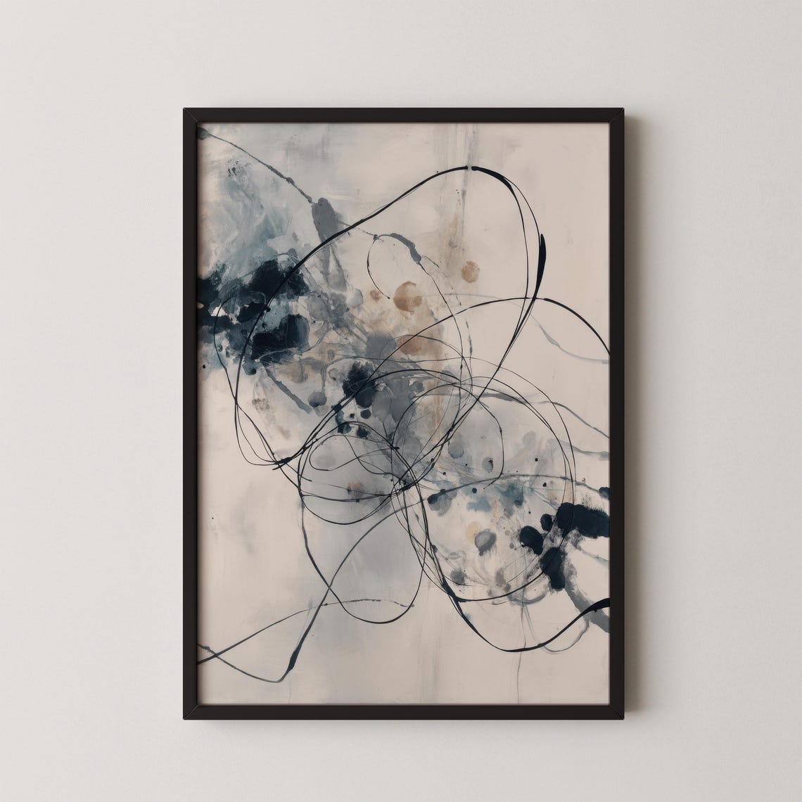Fluid Black Line Calligraphy Ink Wash Modern Abstract Wall Art