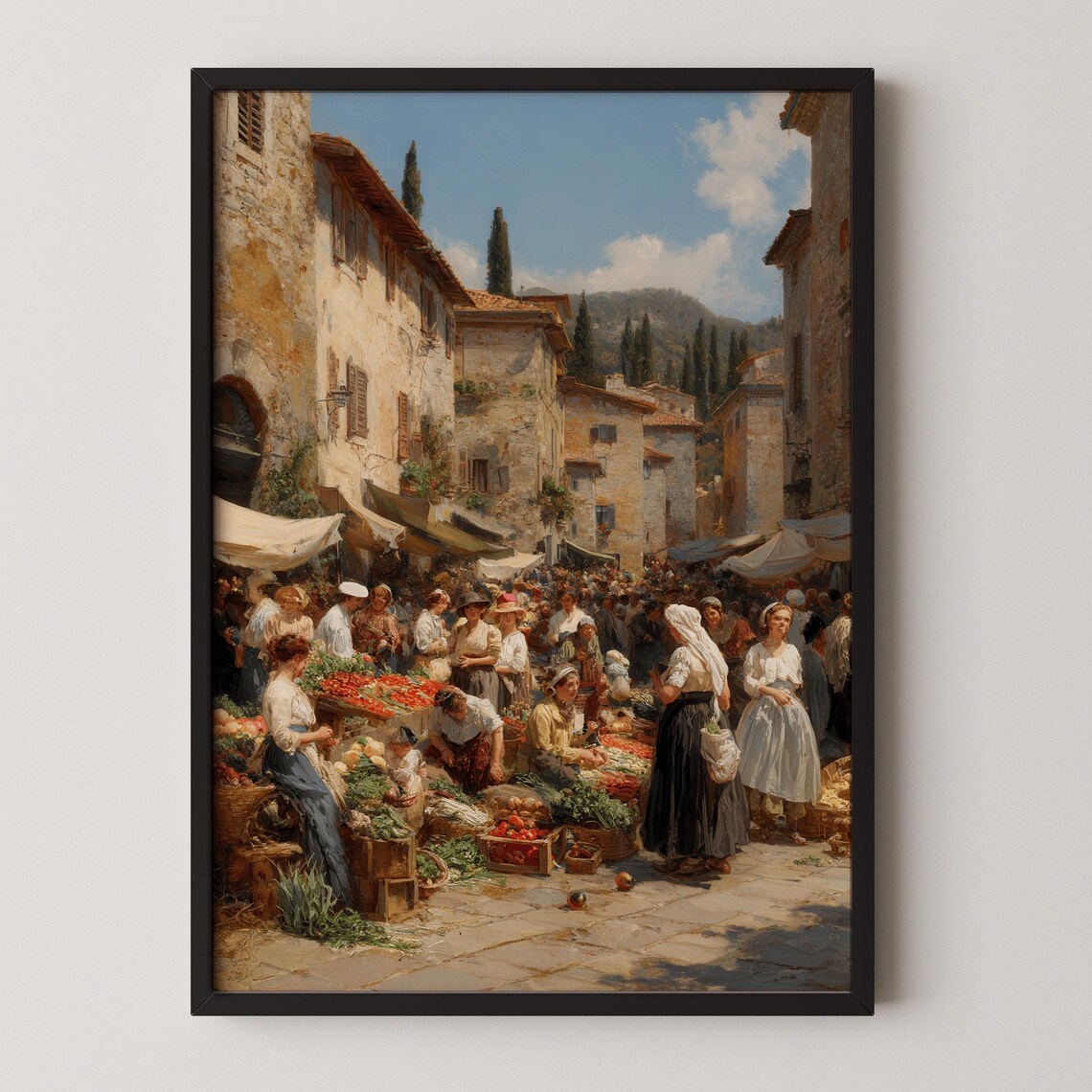 Italian Village Market Square Crowded Produce Stalls Painting Poster