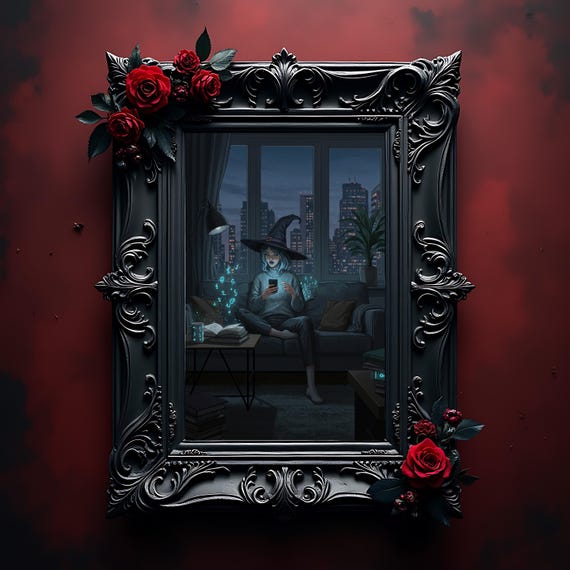 Modern Urban Witch in Ornate Gothic Frame with Red Roses Night Poster