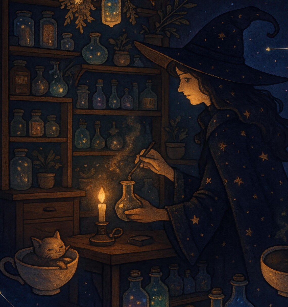 Cozy Celestial Witch Apothecary Potion Night Illustration Cute Cat Art Poster