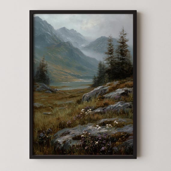 Moody Mountain Lake Art Print Rustic Pine Forest Landscape