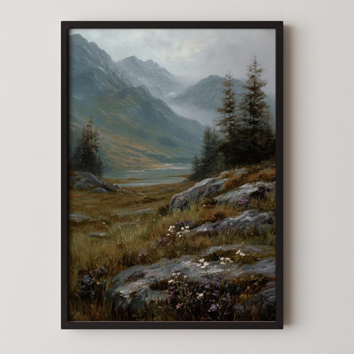 Moody Mountain Lake Art Print Rustic Pine Forest Landscape