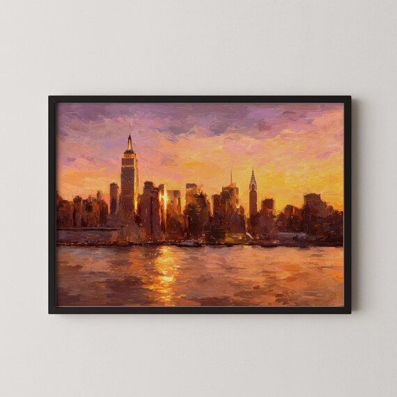 New York City Skyline Golden Hour Empire State Painting Poster