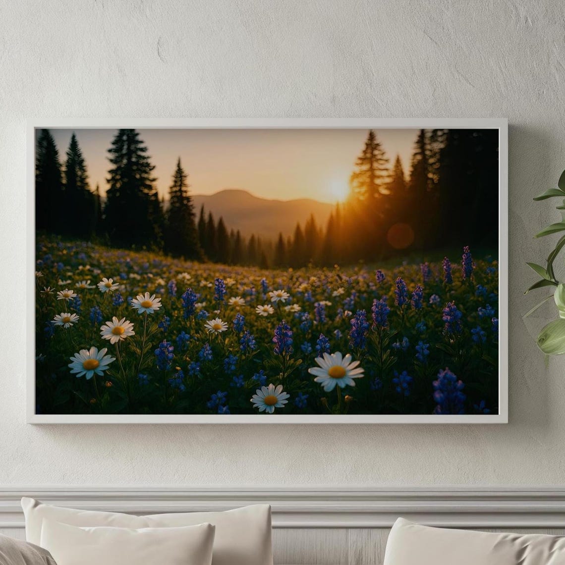 Sunset Wildflower Meadow Daisies Lupines Mountain Pine Landscape Print