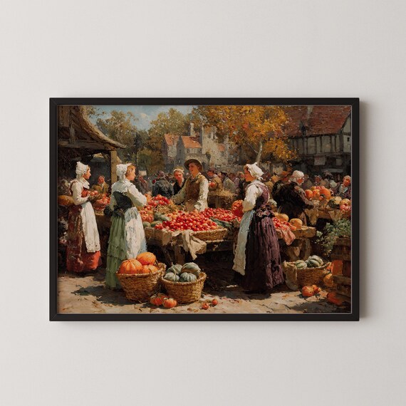 Vintage European Harvest Market Pumpkins Autumn Village Painting Poster