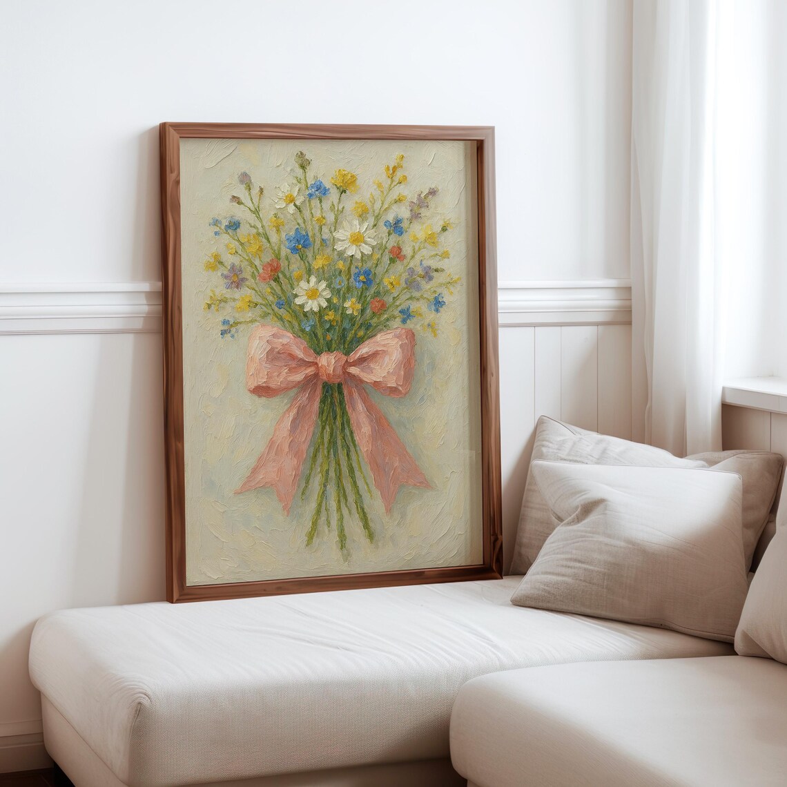 Wildflower Bouquet With Pink Bow Vintage Floral Oil Painting Poster