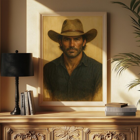 Vintage Cowboy Portrait Oil Painting Western Hat Rustic Decor Poster