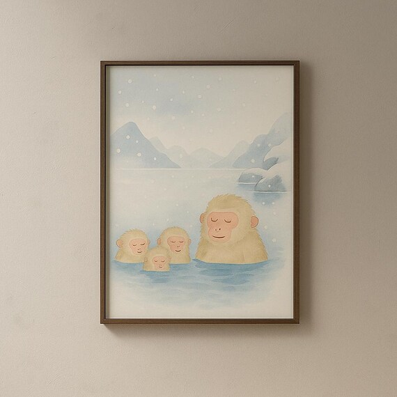Snow Monkeys Hot Spring Winter Watercolor Cute Animal Poster