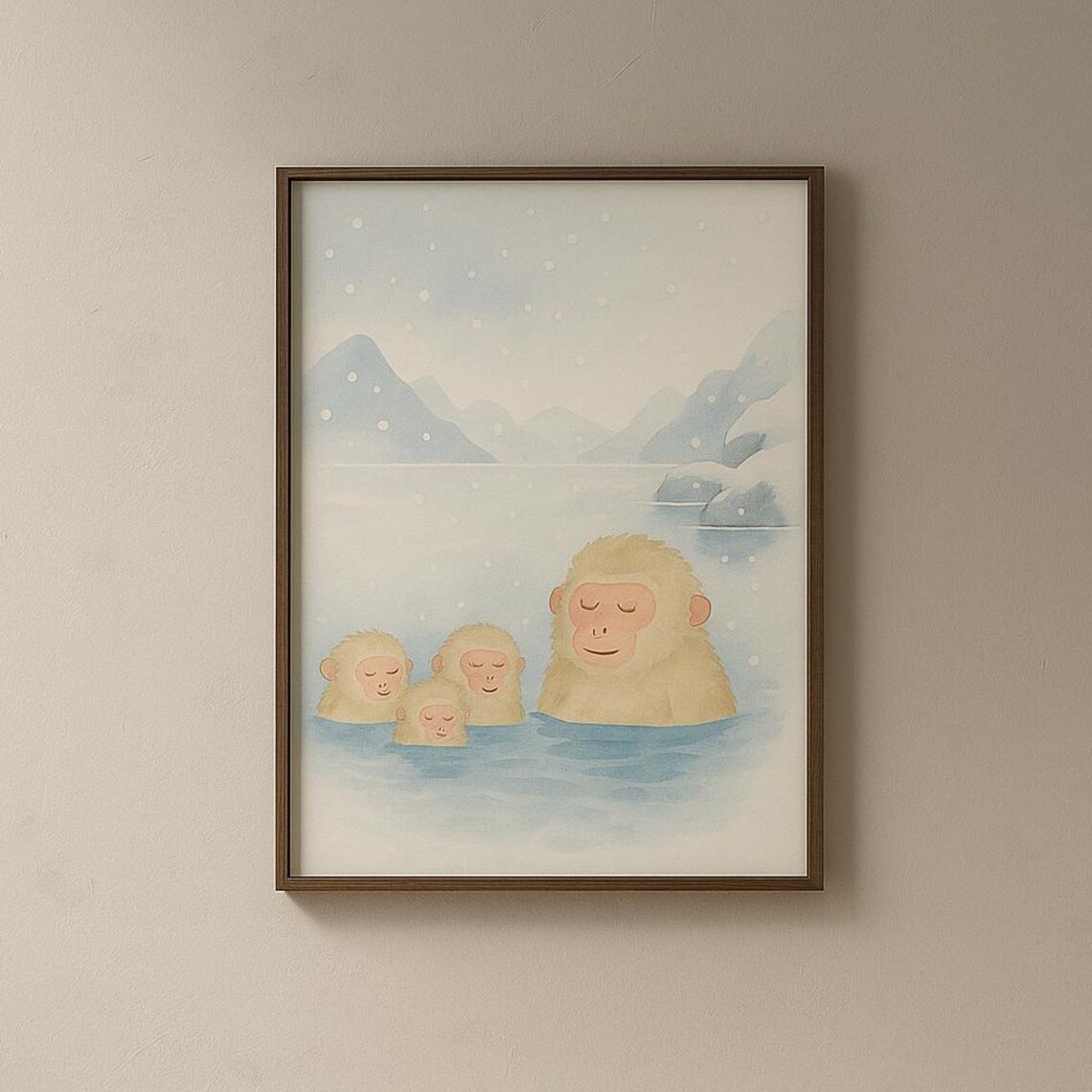 Snow Monkeys Hot Spring Winter Watercolor Cute Animal Poster