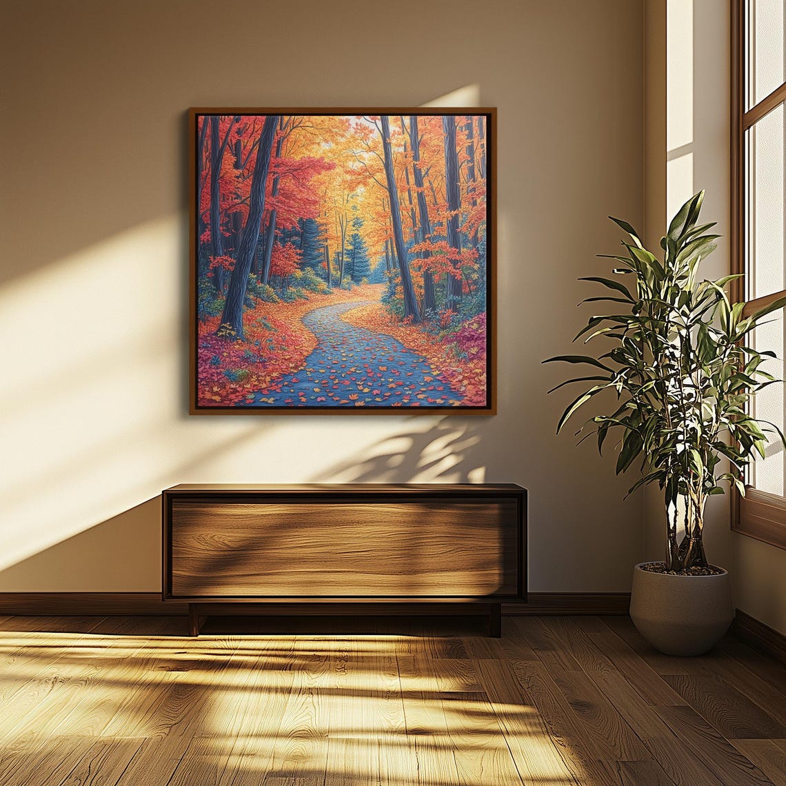 Vibrant Autumn Forest Path Fall Foliage Watercolor Nature Poster