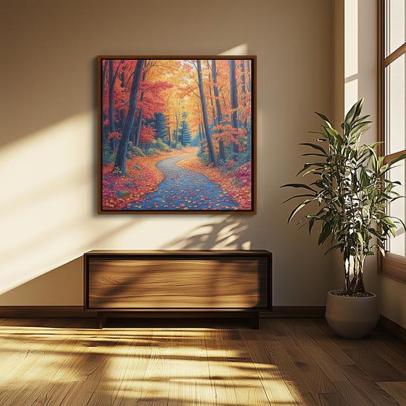 Autumn Forest Path Vibrant Canvas Drawing Cozy Fall Illustration With Golden Leaves Dappled Light Richly Textured Trees Ready To Hang