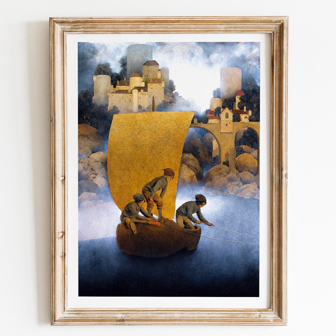 Dreamy Golden Sailboat Boys Castle Vintage Storybook Art Poster