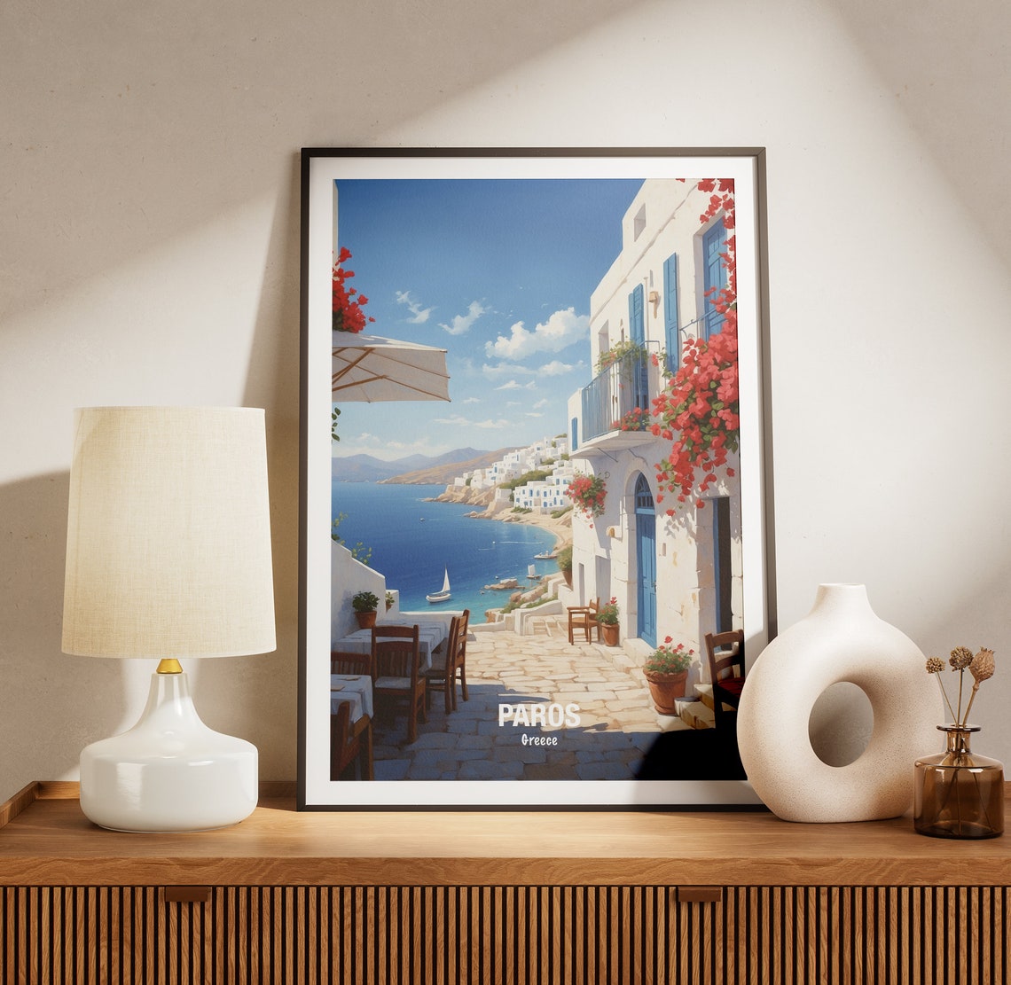 Paros Greece Seaside Cafe Terrace With Red Bougainvillea Poster - Image 3