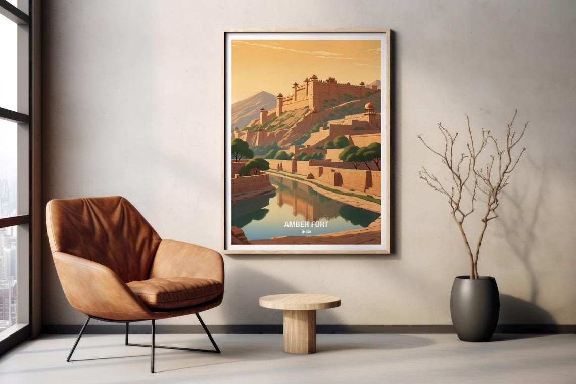 India Amber Fort Hilltop Fortress Golden Sunset Reflection Poster - Image 2