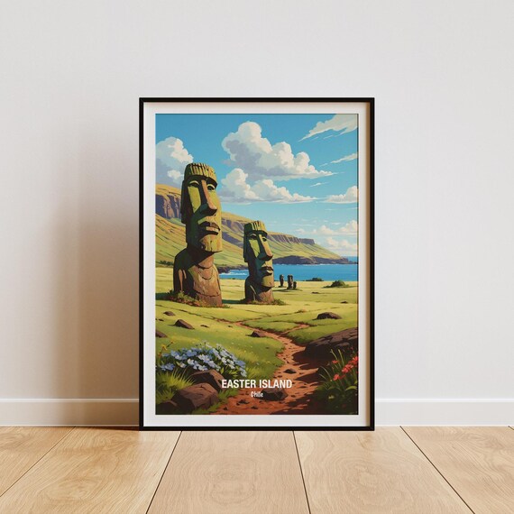 Easter Island Moai Statues On Grassy Green Chile Coastline Poster