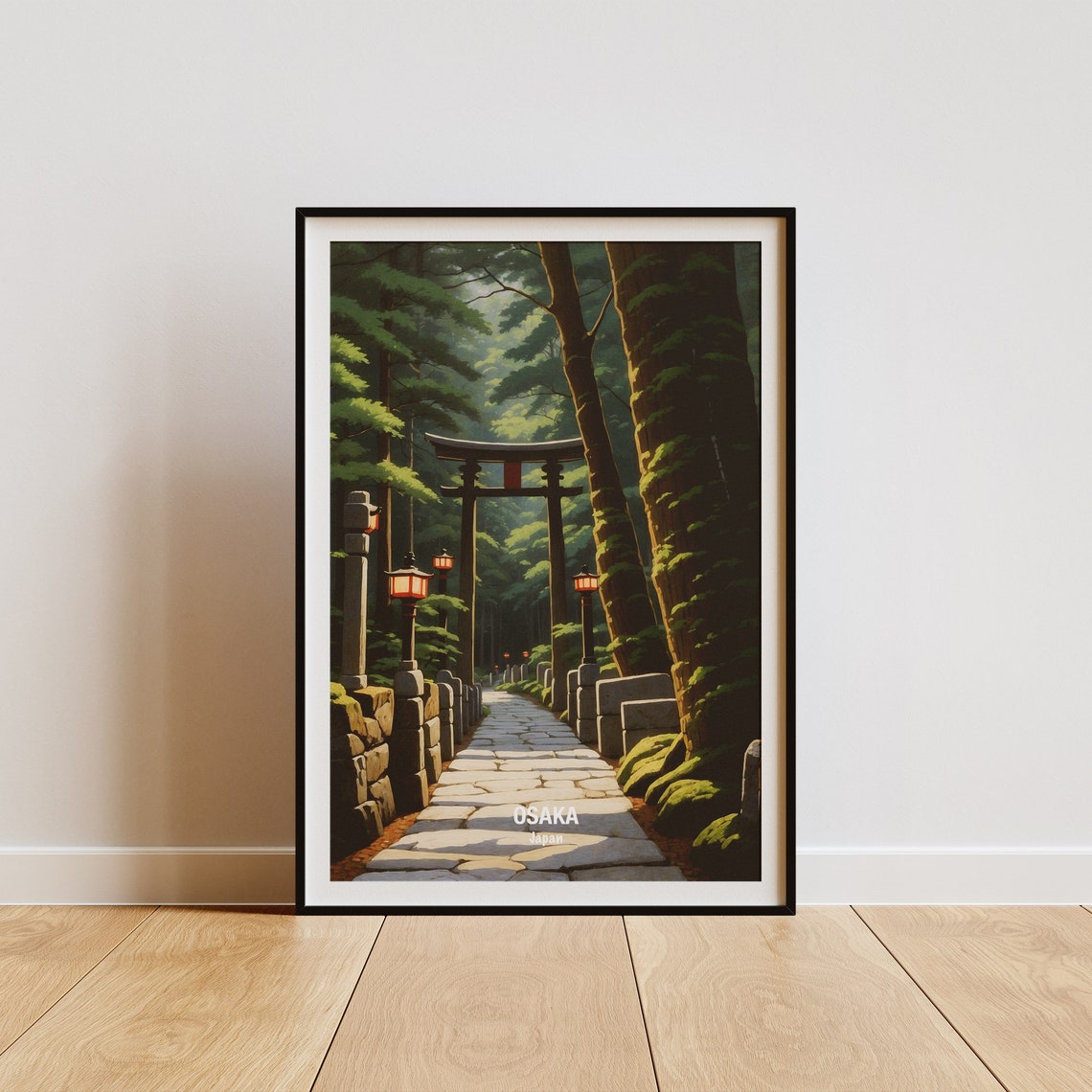 Osaka Forest Torii Gate Stone Path Lantern Japan Travel Poster