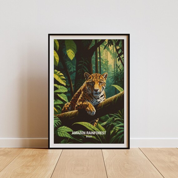 Amazon Rainforest Jaguar Resting On Branch Wildlife Art Poster