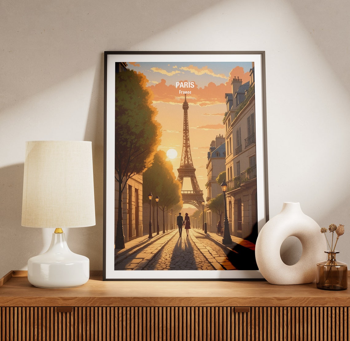 Paris Eiffel Tower Golden Sunset Boulevard Strolling Couple Poster - Image 3