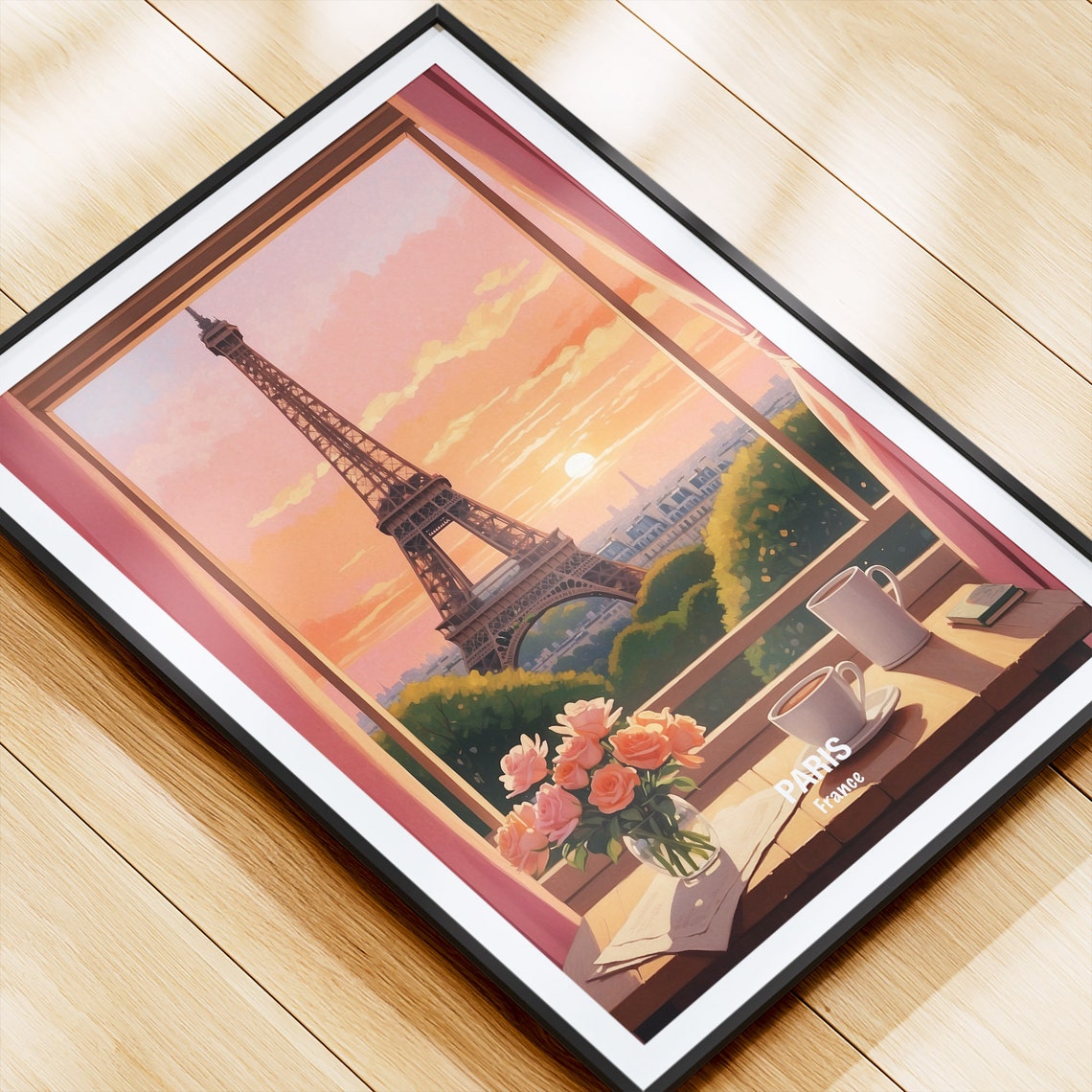 Paris Eiffel Tower Window View Coffee Cups Roses Sunrise Poster - Image 4