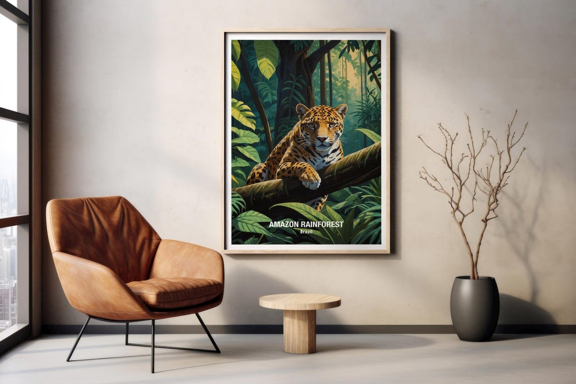 Amazon Rainforest Jaguar Resting On Branch Wildlife Art Poster - Image 2