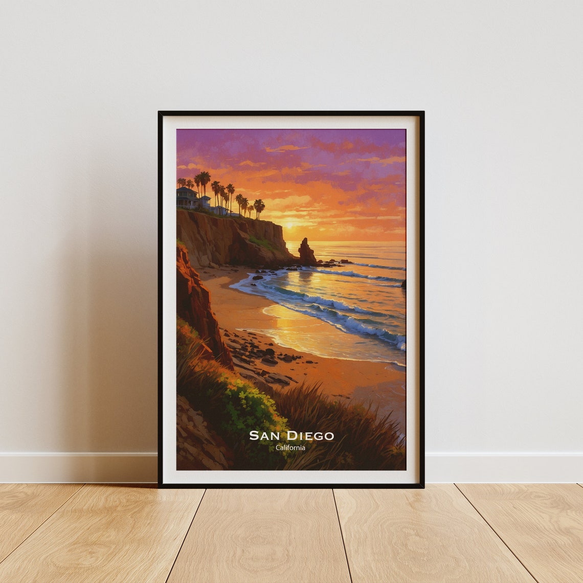 San Diego California Glowing Sunset Cliffs Over Golden Beach Poster