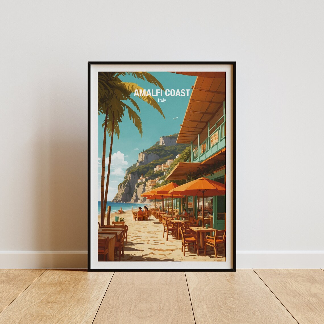 Amalfi Coast Italy Beachfront Cafe With Orange Umbrellas Poster