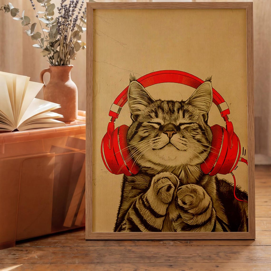 Cat With Headphones Poster Modern Music Wall Art Cozy Room Print