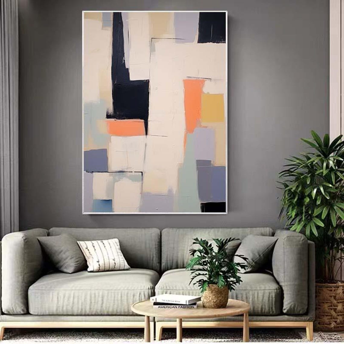 Mid-Century Geometric Blocks Navy Blush Cream Abstract Poster - Image 3