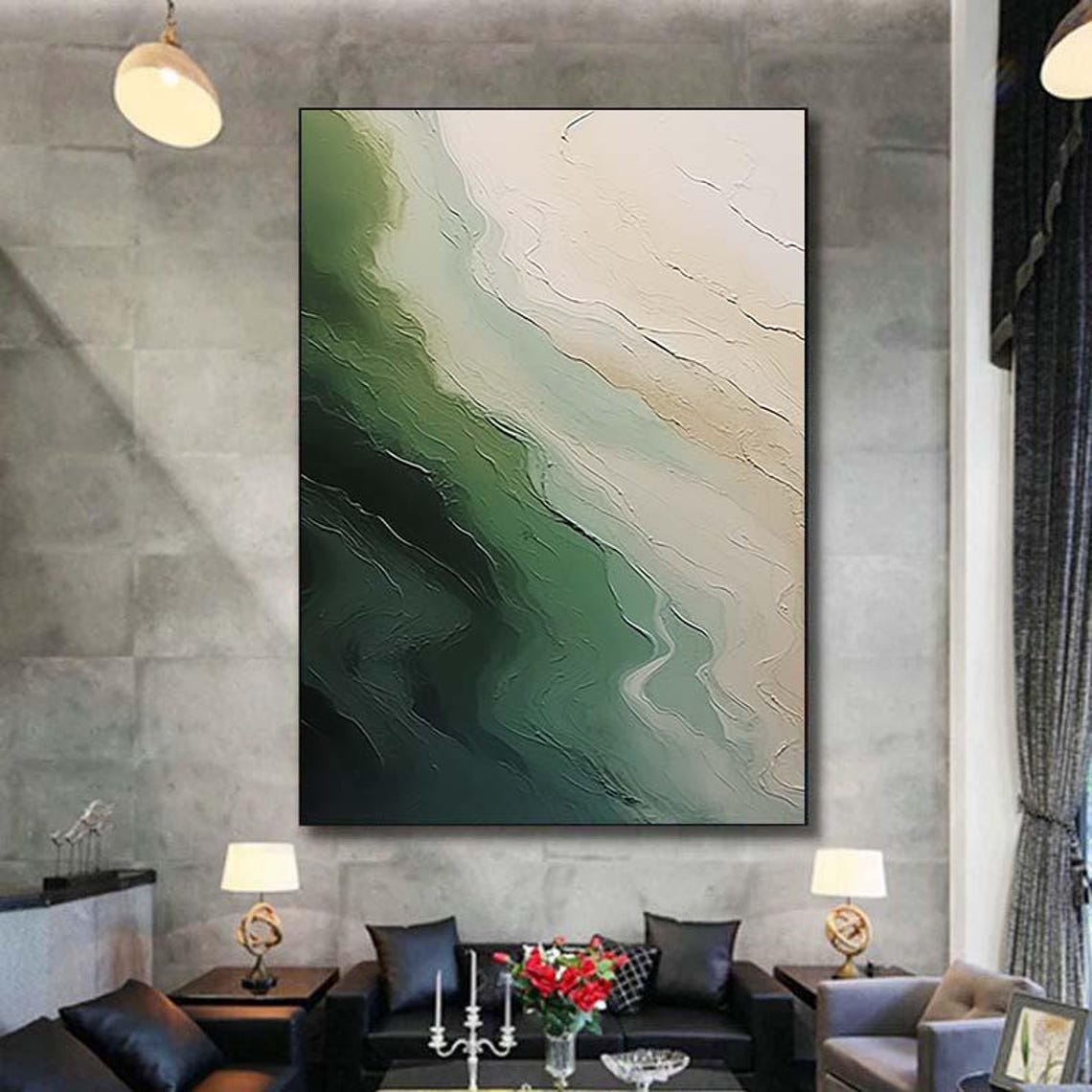 Emerald Green Beige Textured Abstract Flowing Waves Wall Poster - Image 6