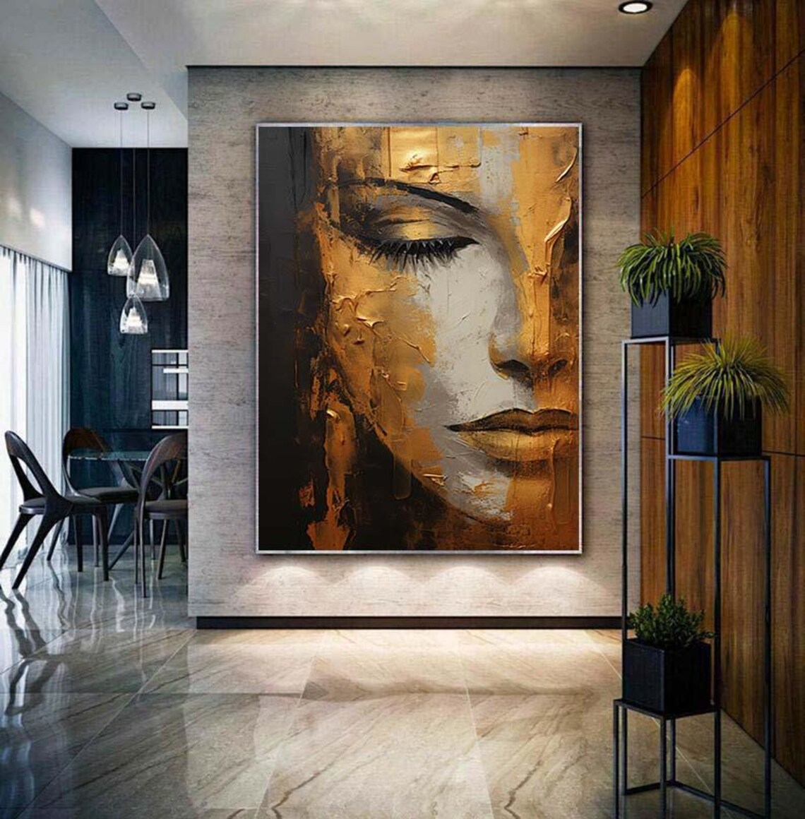 Abstract Gold Textured Portrait, Handmade Oil Painting - Image 4
