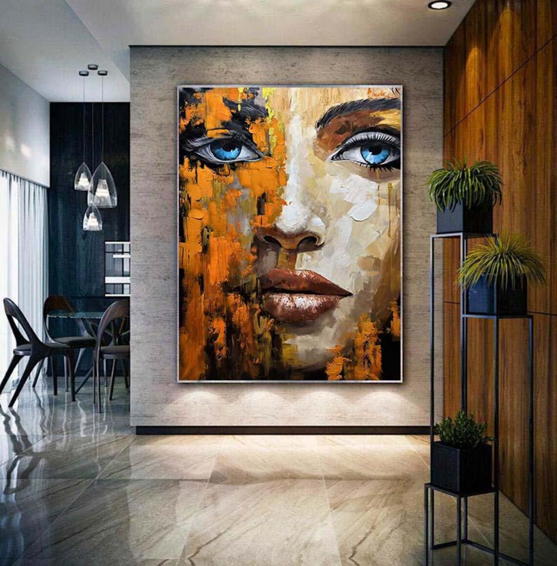 Abstract Woman Face With Striking Blue Eyes in Orange Oil Poster - Image 3