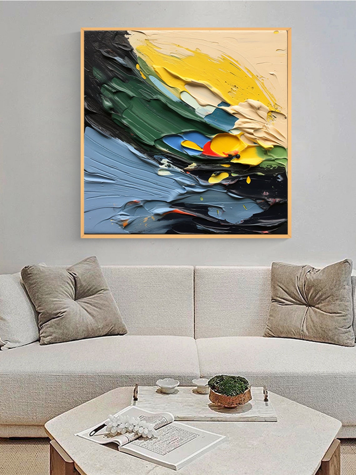 Bold Thick Impasto Abstract Waves In Green Yellow And Navy Poster - Image 4
