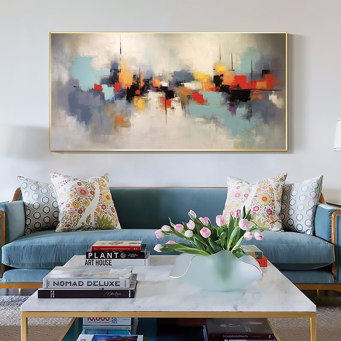Color Block Red Teal Orange Wide Modern Abstract City Poster - Image 3