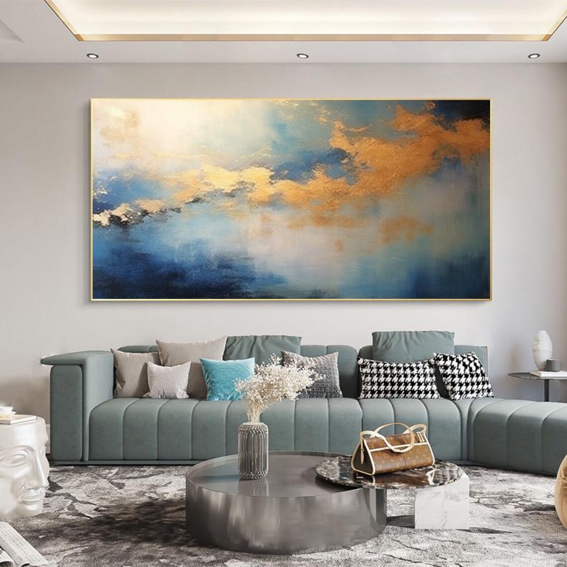 Gold Clouds Over Blue Sea Abstract Sky Modern Painting Poster - Image 7