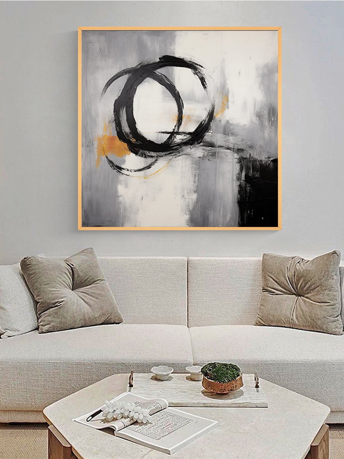 Black Enso Circle Gold Accent Grey Abstract Zen Brush Art Poster - Image 2