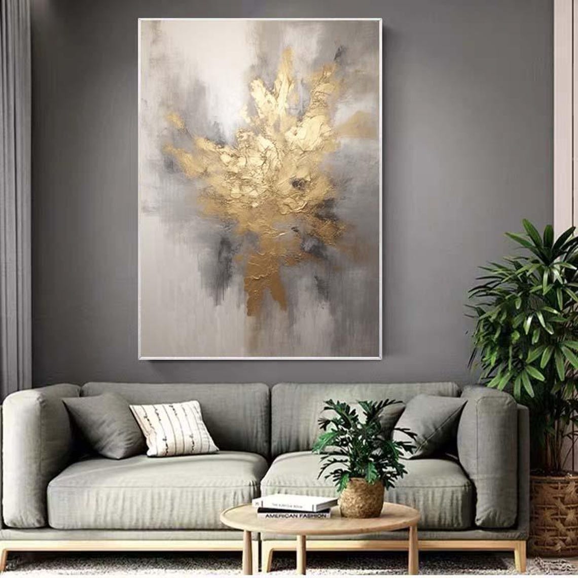 Gold Cloudburst on Grey White Abstract Elegant Painting Poster - Image 3