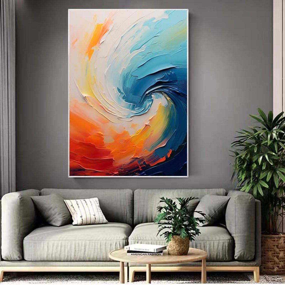 Swirling Ocean Wave Blue Orange Abstract Modern Painting Poster - Image 2
