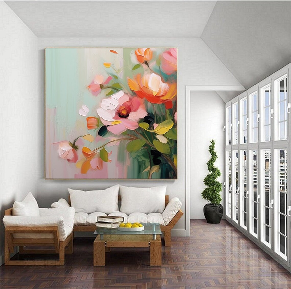 Blush Pink Peonies Mint Green Soft Floral Painting Wall Poster - Image 2