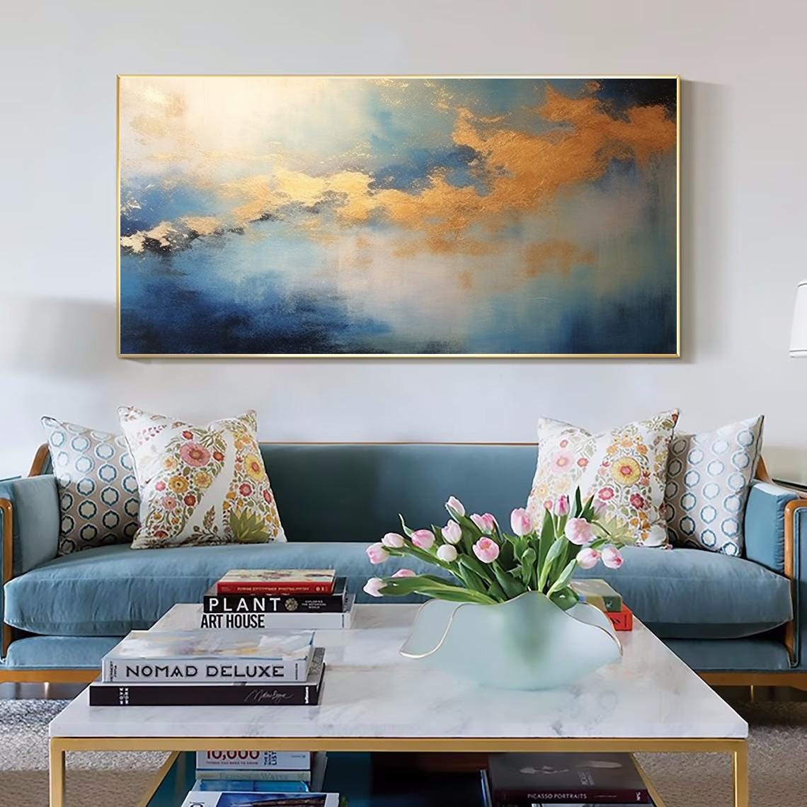 Gold Clouds Over Blue Sea Abstract Sky Modern Painting Poster - Image 3