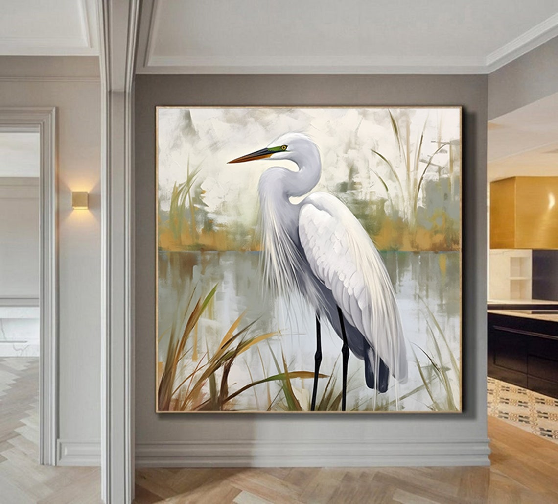 Elegant White Heron Wading In Soft Neutral Marsh Water Poster - Image 5